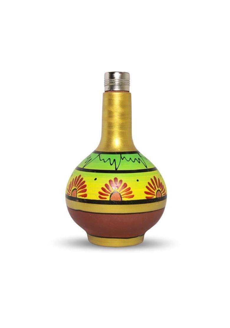 Terra Charms Hand Painted Clay Surahi with Steel Cap | 1 L | 1.1 Qt - Indya