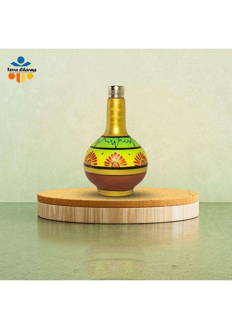 Terra Charms Hand Painted Clay Surahi with Steel Cap | 1 L | 1.1 Qt - Indya