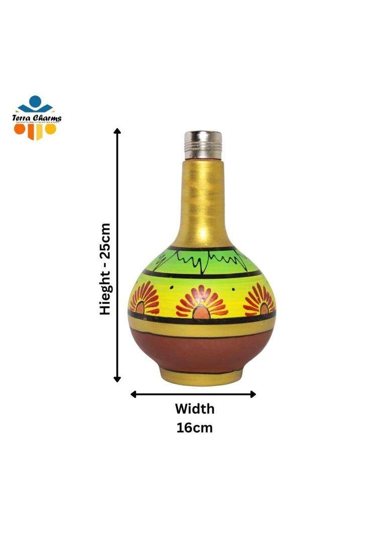 Terra Charms Hand Painted Clay Surahi with Steel Cap | 1 L | 1.1 Qt - Indya
