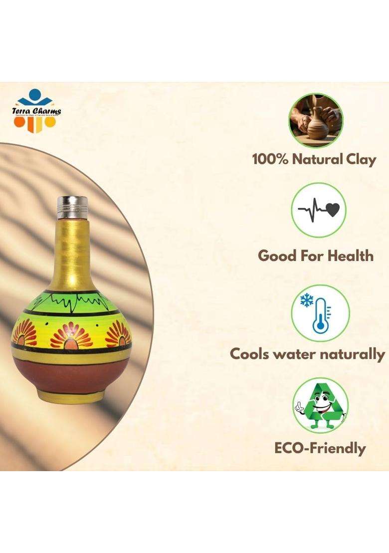 Terra Charms Hand Painted Clay Surahi with Steel Cap | 1 L | 1.1 Qt - Indya