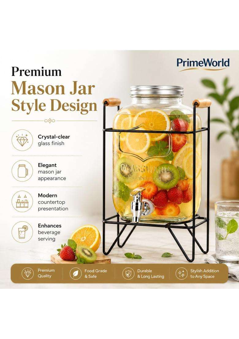 PrimeWorld Glass Water Beverage Dispenser with Stand | 5 L | 5.3 Qt - Indya