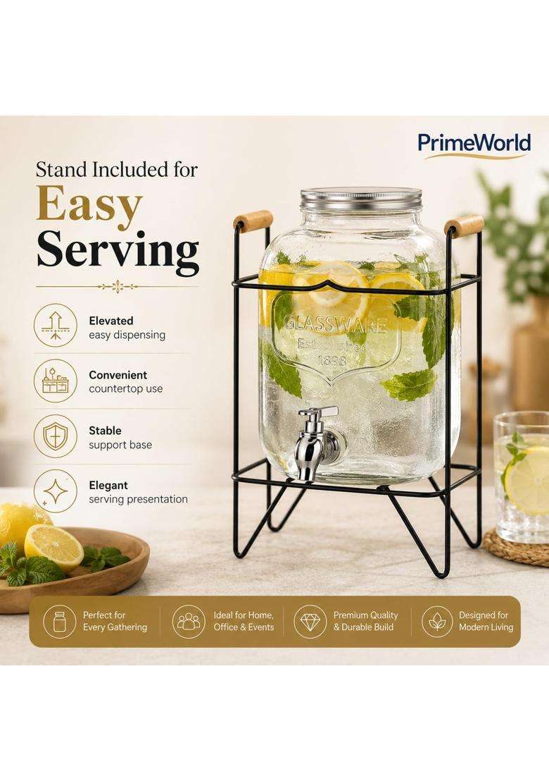 PrimeWorld Glass Water Beverage Dispenser with Stand | 5 L | 5.3 Qt - Indya