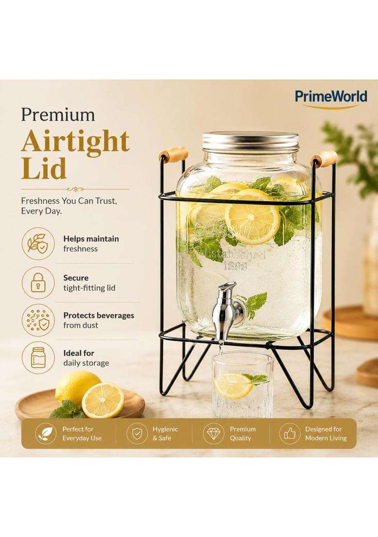 PrimeWorld Glass Water Beverage Dispenser with Stand | 5 L | 5.3 Qt - Indya