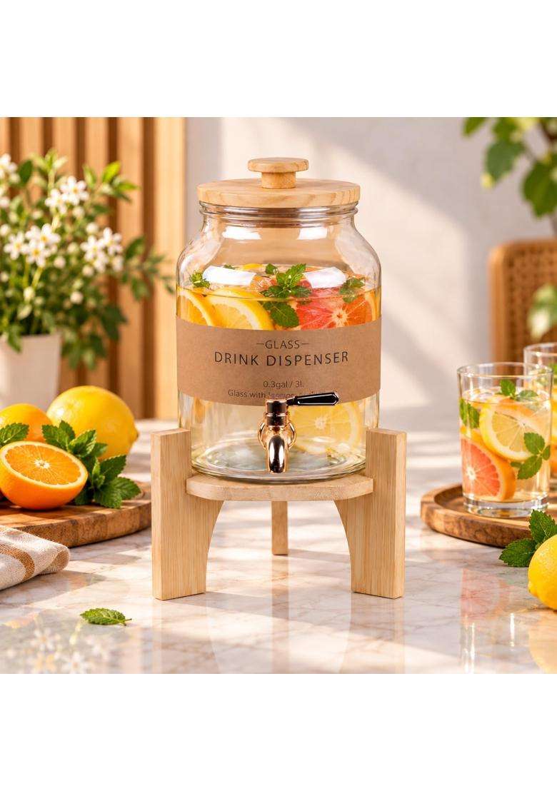 PrimeWorld Glass Water Dispenser with Wooden Tap and Stand Pc | 3 L | 3.2 Qt | Leak Proof - Indya