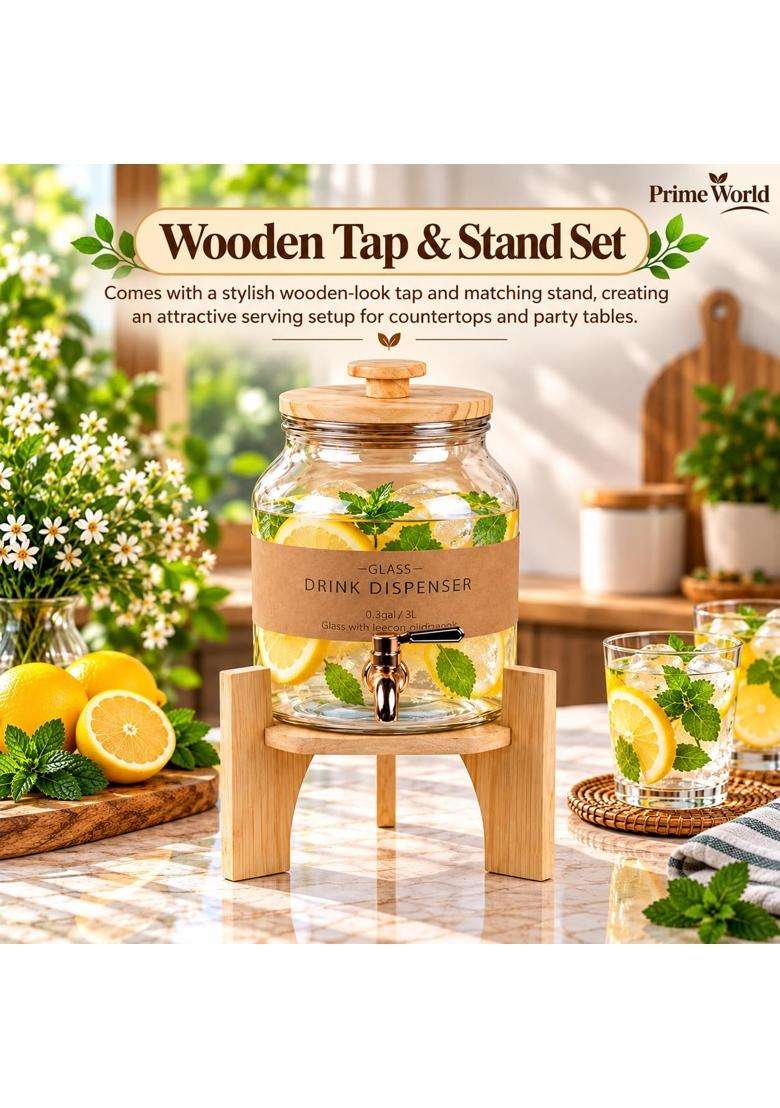 PrimeWorld Glass Water Dispenser with Wooden Tap and Stand Pc | 3 L | 3.2 Qt | Leak Proof - Indya