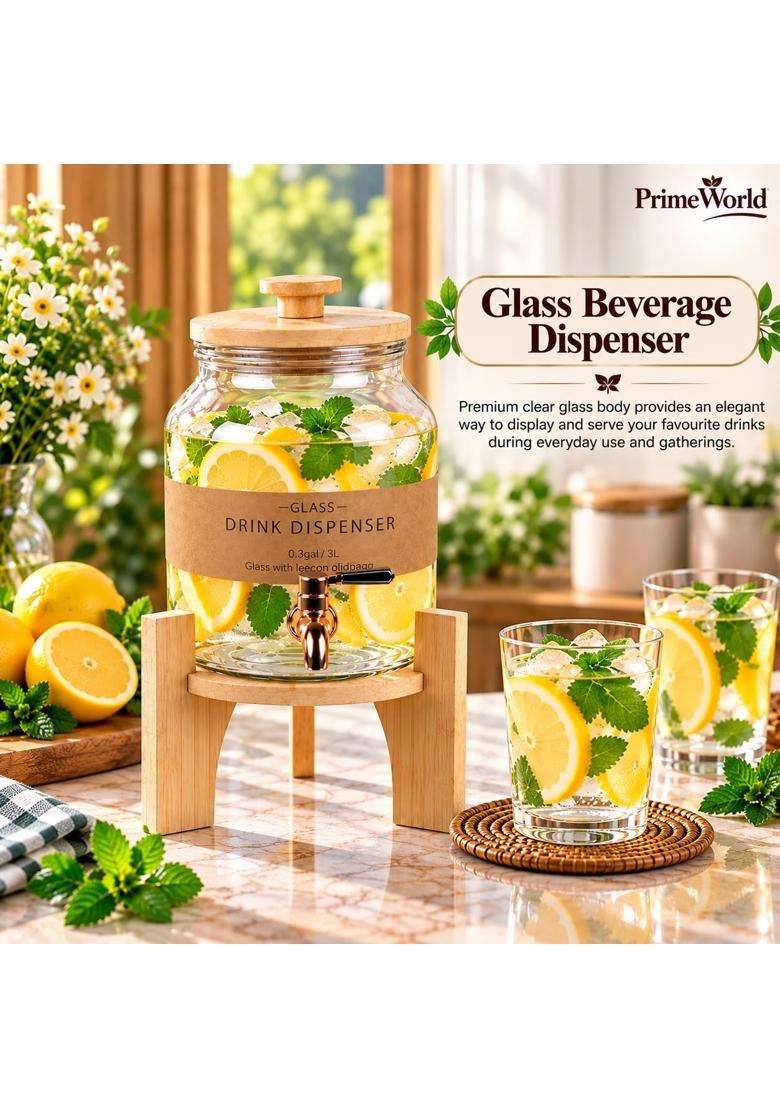 PrimeWorld Glass Water Dispenser with Wooden Tap and Stand Pc | 3 L | 3.2 Qt | Leak Proof - Indya