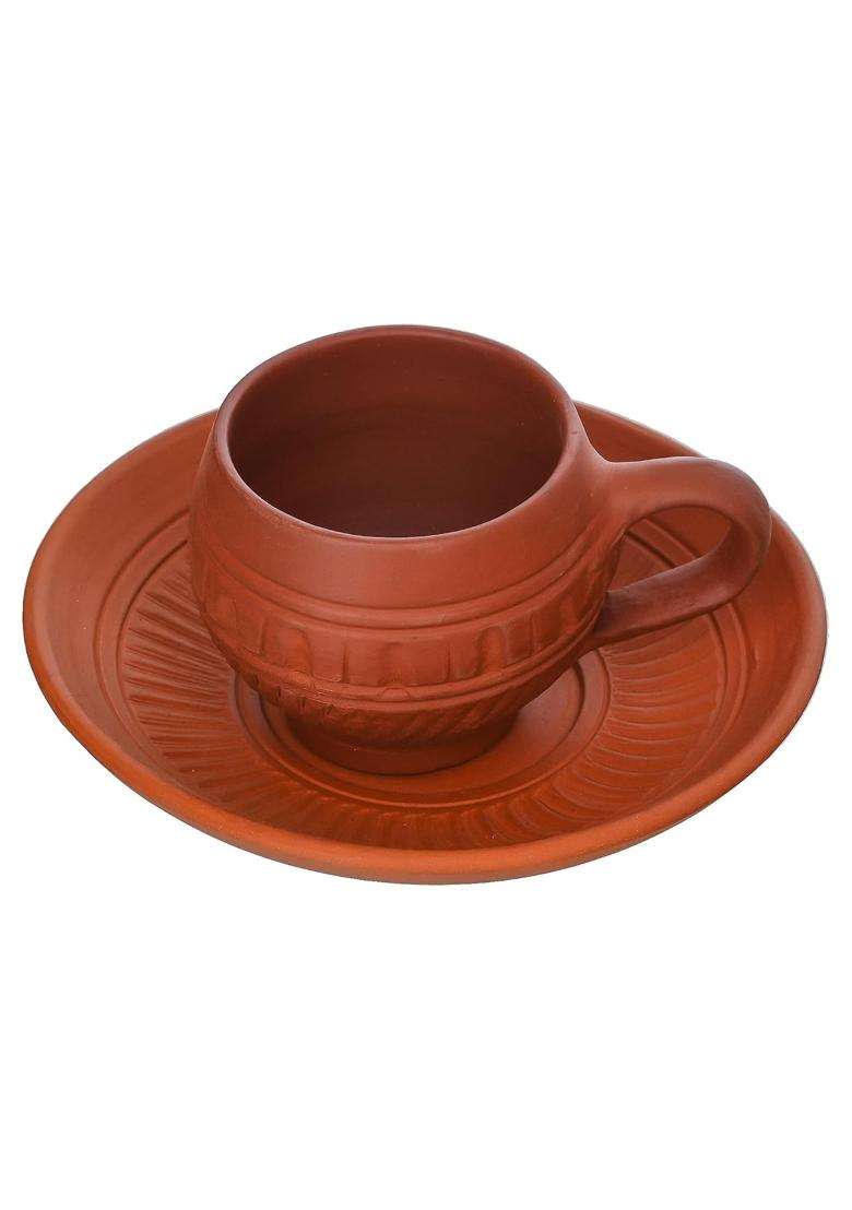 B S NATURAL Handmade Clay Tea Cup and Plate Set | Pack of 6 - Indya