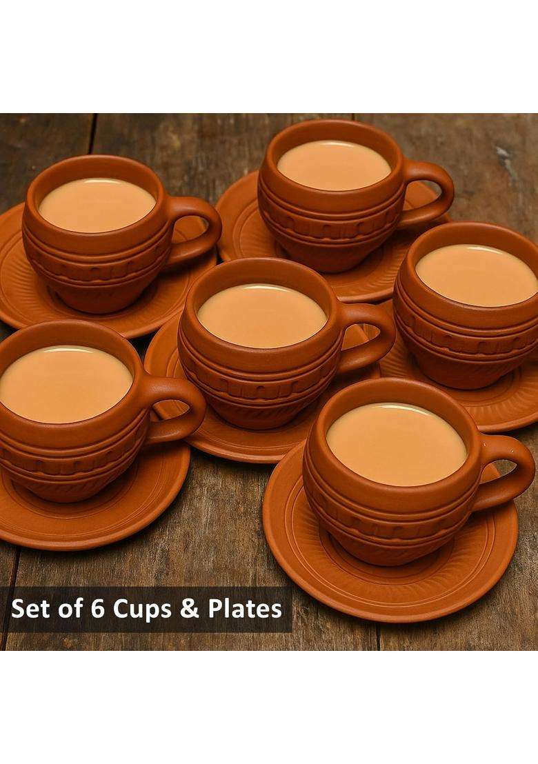 B S NATURAL Handmade Clay Tea Cup and Plate Set | Pack of 6 - Indya
