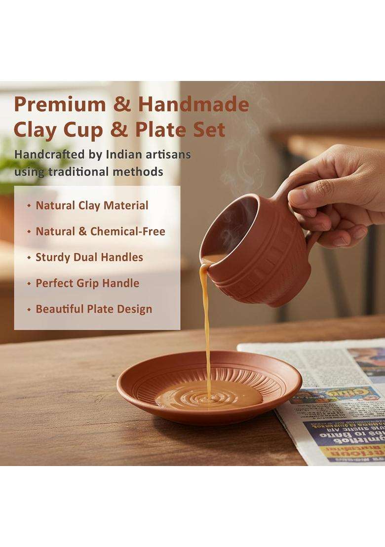 B S NATURAL Handmade Clay Tea Cup and Plate Set | Pack of 6 - Indya