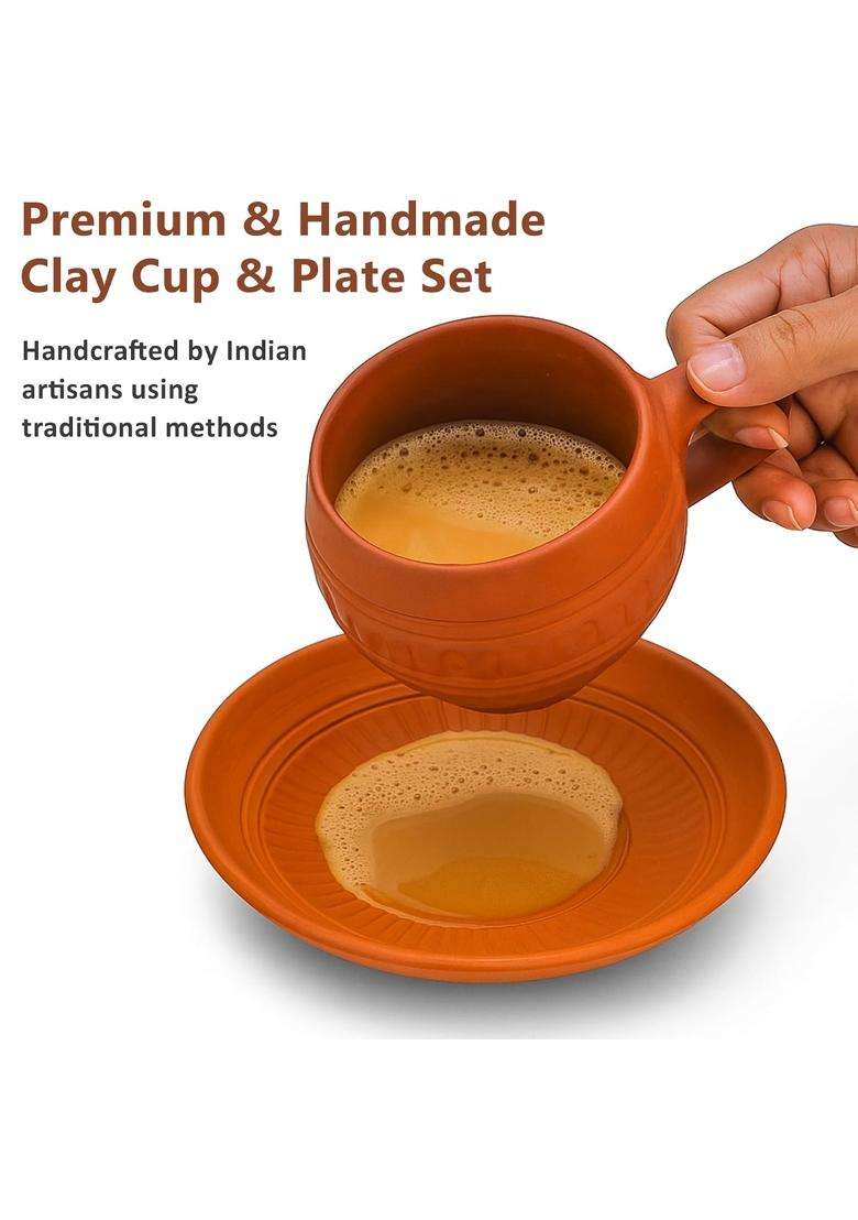 B S NATURAL Handmade Clay Tea Cup and Plate Set | Pack of 6 - Indya