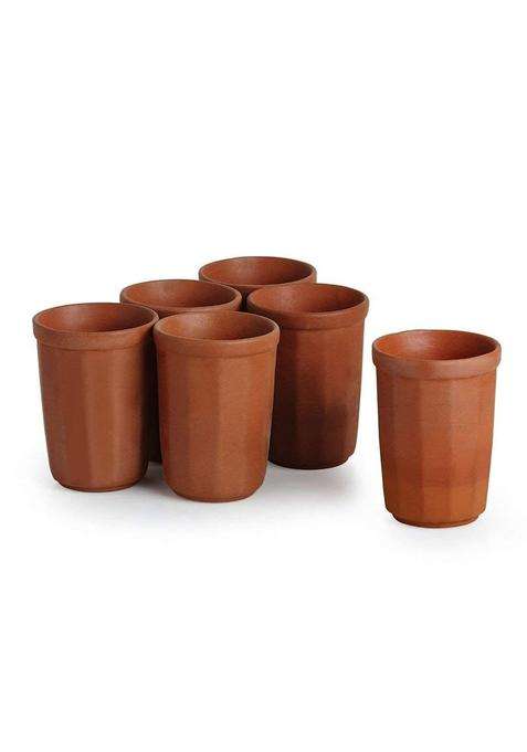 VINTICA Organic Clay Crafts Earthen Clay Mitti Drinking Water Glass Tumbler | 6-Piece Set