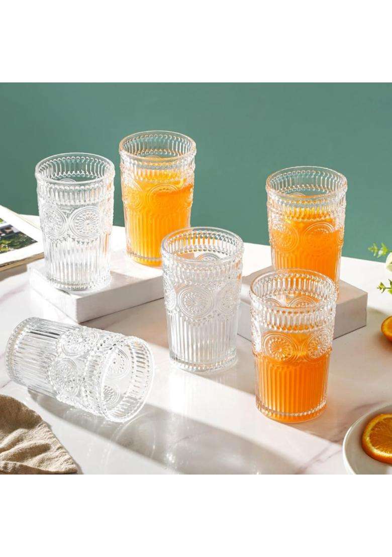Nestasia Embossed Tumbler Water Glass | 350 ml | 11.8 fl oz | 6-Piece Set | Dishwasher Safe | Microwave Safe - Indya