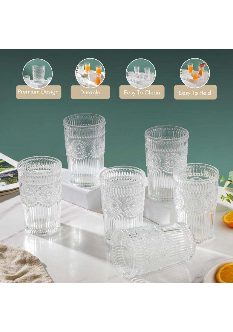 Nestasia Embossed Tumbler Water Glass | 350 ml | 11.8 fl oz | 6-Piece Set | Dishwasher Safe | Microwave Safe - Indya