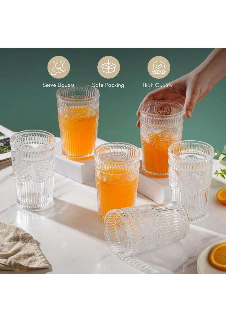 Nestasia Embossed Tumbler Water Glass | 350 ml | 11.8 fl oz | 6-Piece Set | Dishwasher Safe | Microwave Safe - Indya