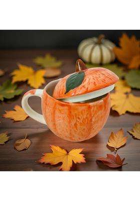 Lupaava Pumpkin Shape Ceramic Mug with Lid | Handcrafted | Microwave Safe