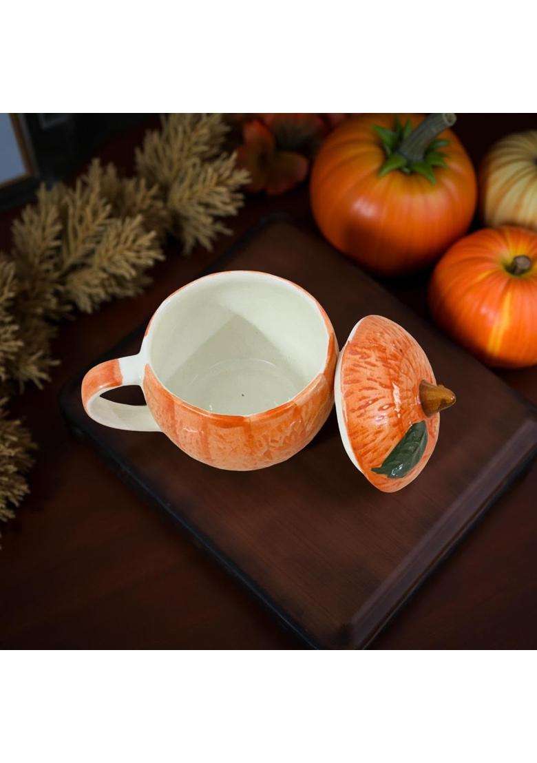 Lupaava Pumpkin Shape Ceramic Mug with Lid | Handcrafted | Microwave Safe - Indya