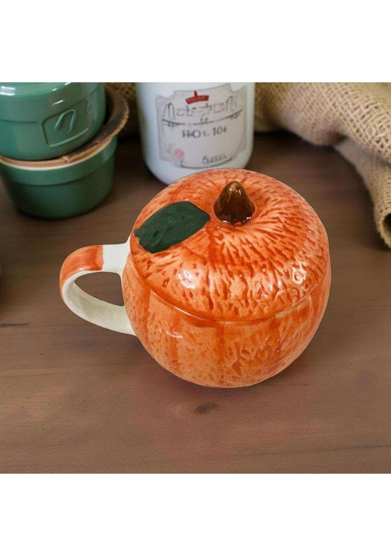 Lupaava Pumpkin Shape Ceramic Mug with Lid | Handcrafted | Microwave Safe - Indya