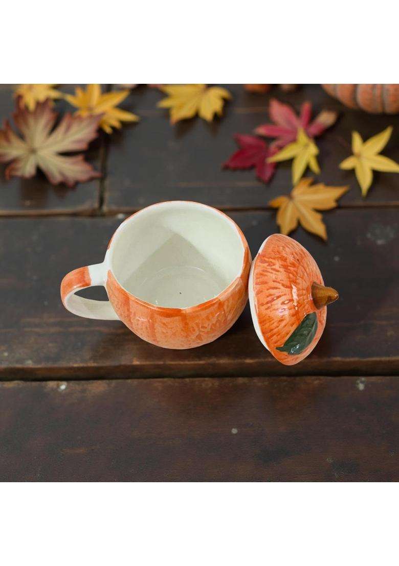 Lupaava Pumpkin Shape Ceramic Mug with Lid | Handcrafted | Microwave Safe - Indya