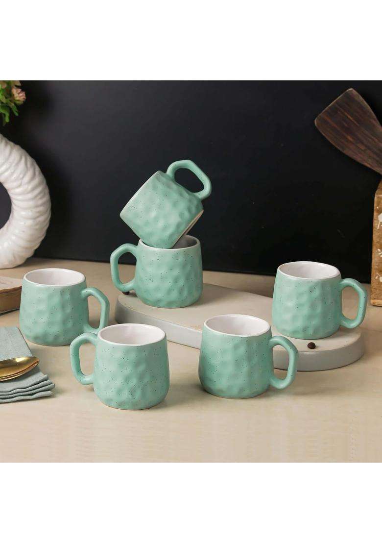 The Earth Store Minty Pebble Ceramic Tea Cups | 160 ml | 5.4 fl oz | 6-Piece Set | Dishwasher Safe | Microwave Safe - Indya