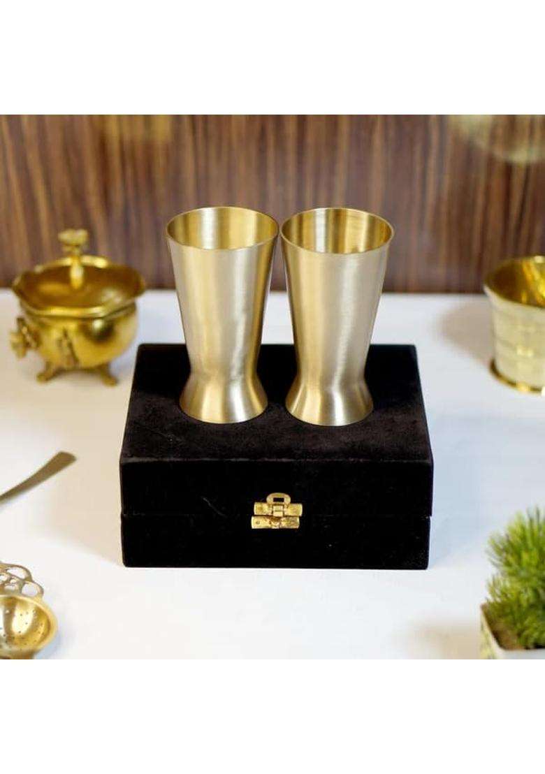 Brass Globe Bronze Kansa Lassi Glass with Velvet Box | 2-Piece Set - Indya