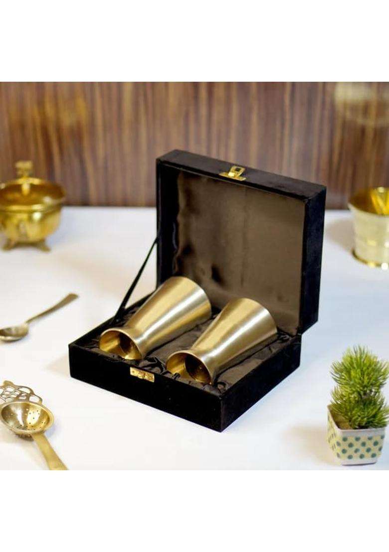 Brass Globe Bronze Kansa Lassi Glass with Velvet Box | 2-Piece Set - Indya