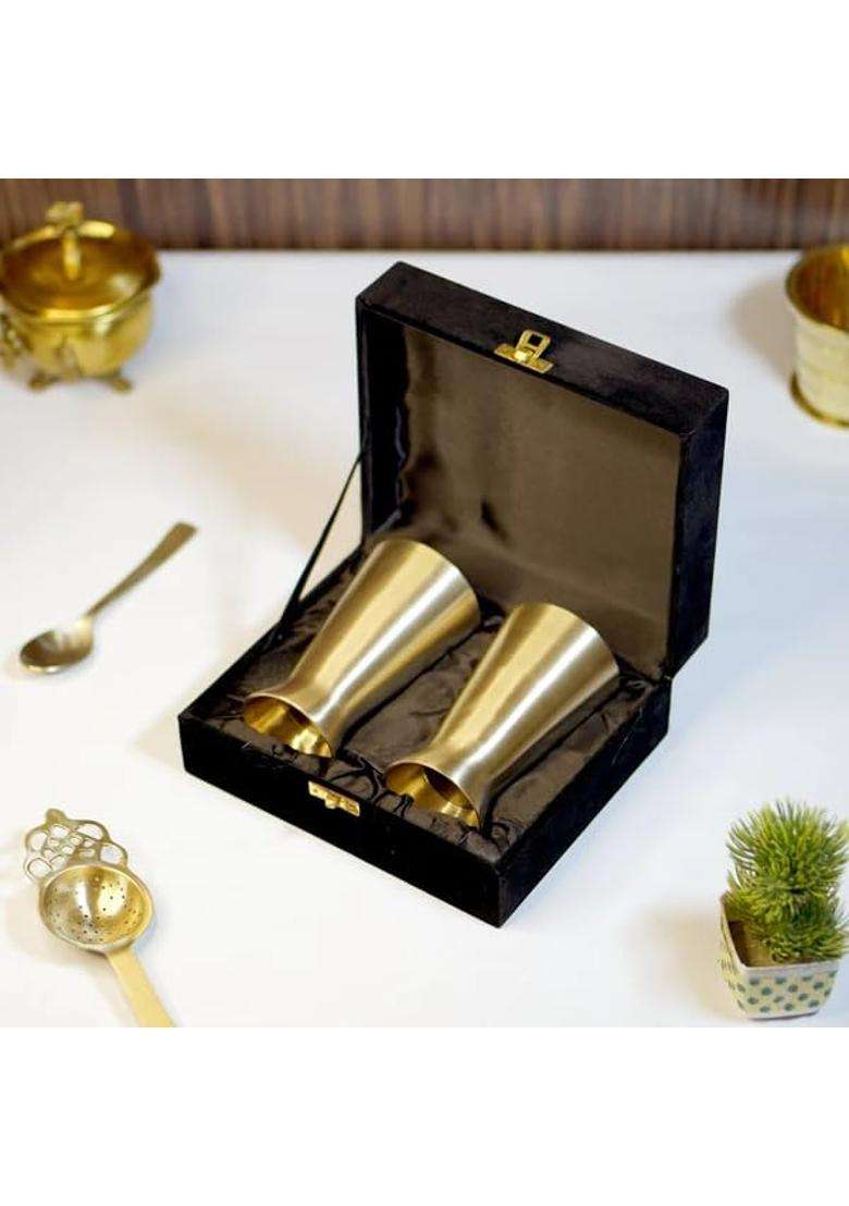 Brass Globe Bronze Kansa Lassi Glass with Velvet Box | 2-Piece Set - Indya