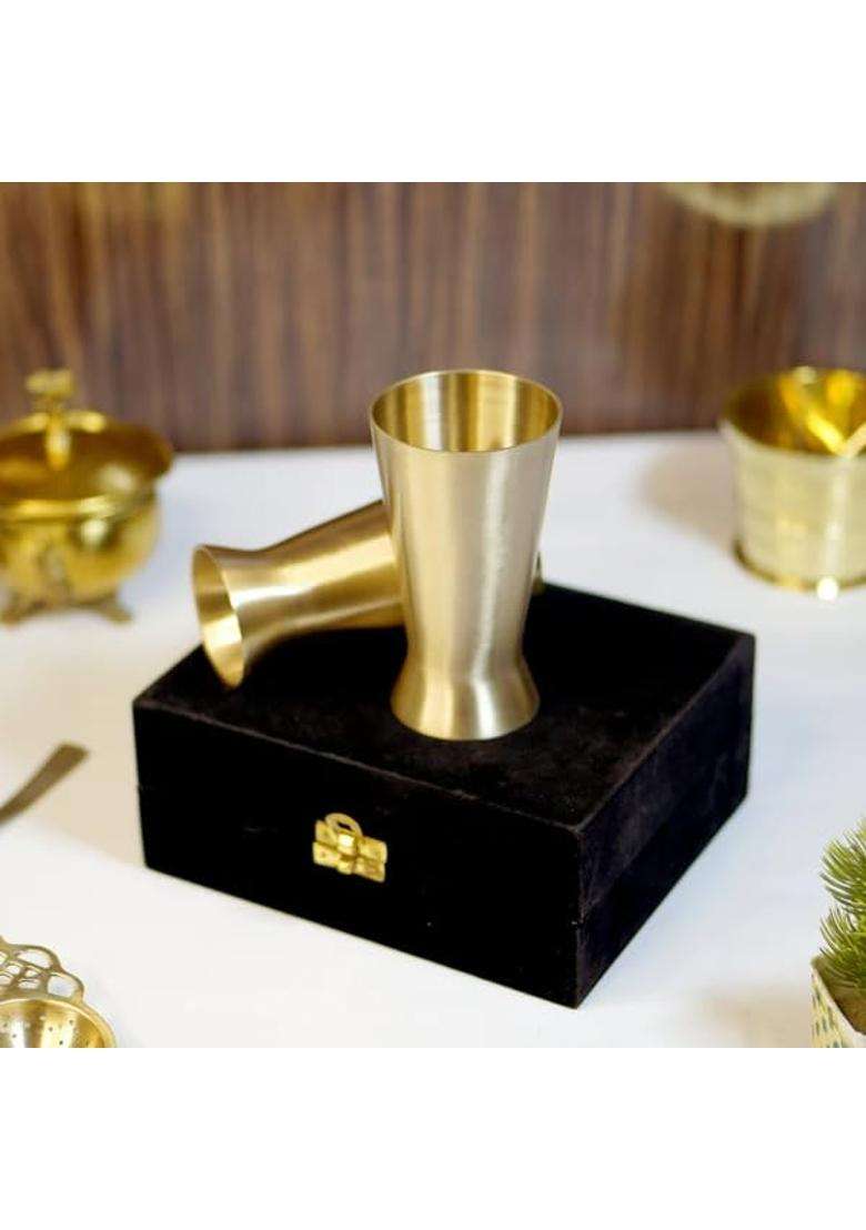 Brass Globe Bronze Kansa Lassi Glass with Velvet Box | 2-Piece Set - Indya