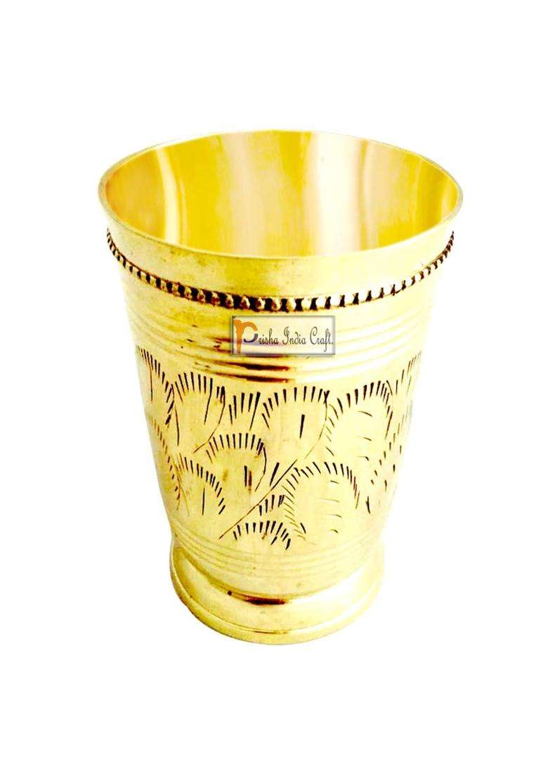 Prisha India Craft Pure Brass Mughlai Style Embossed Design Lassi Glass Tumbler | 250 ml | 8.5 fl oz - Indya