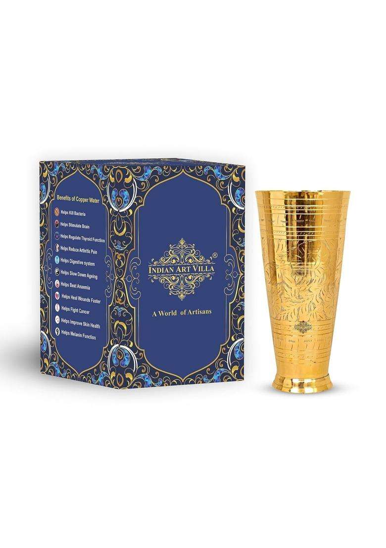 INDIAN ART VILLA Brass Lassi Glass with Embossed Design | 1600 ml | 54.1 fl oz | 10 Inch - Indya