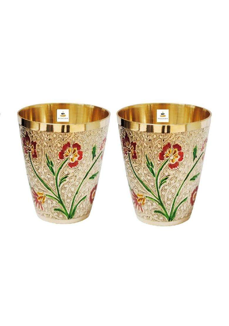 THE HEALING STORE Designer Brass Glass Handcrafted Brass Drinking Tumbler for Water | 220 ml | 7.4 fl oz | Pack of 2 - Indya