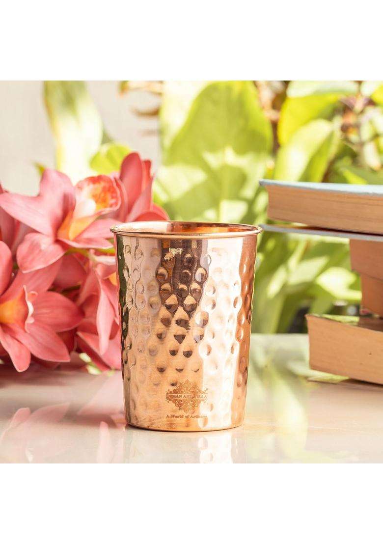 INDIAN ART VILLA Pure Copper Plain Glass with Hammered Design | 300 ml | 10.1 fl oz - Indya