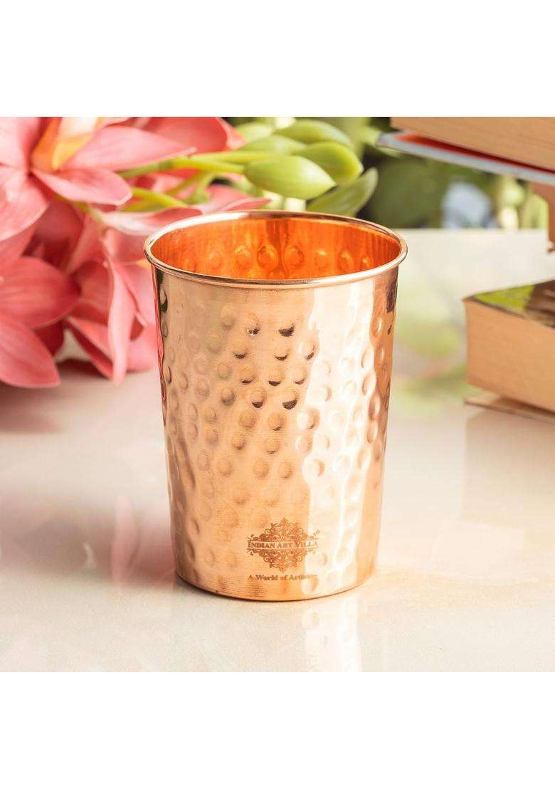 INDIAN ART VILLA Pure Copper Plain Glass with Hammered Design | 300 ml | 10.1 fl oz - Indya