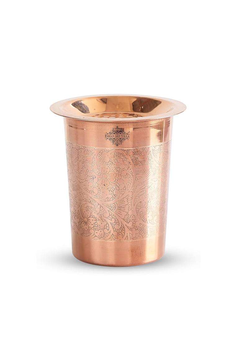 INDIAN ART VILLA Pure Copper Full Embossed Design Glass Tumbler Cup with Lid | 300 ml | 10.1 fl oz - Indya