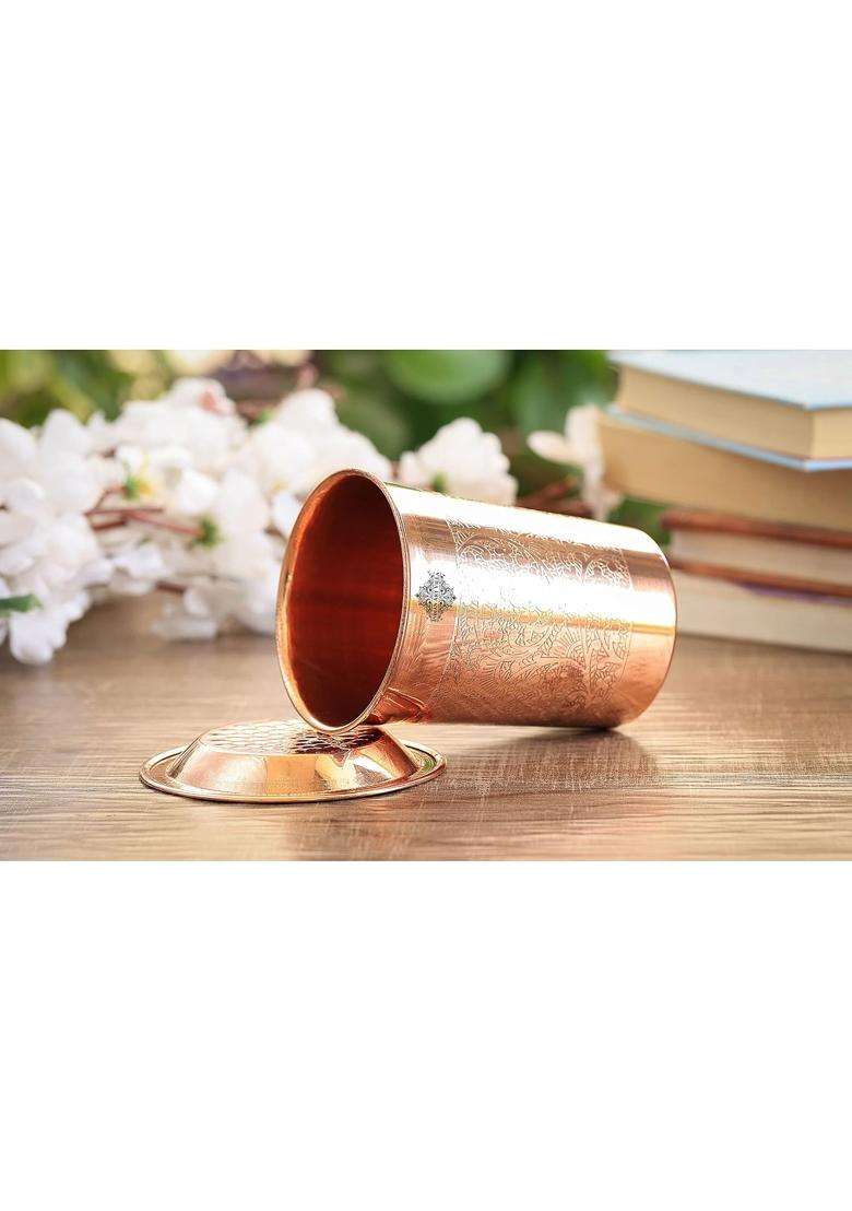 INDIAN ART VILLA Pure Copper Full Embossed Design Glass Tumbler Cup with Lid | 300 ml | 10.1 fl oz - Indya