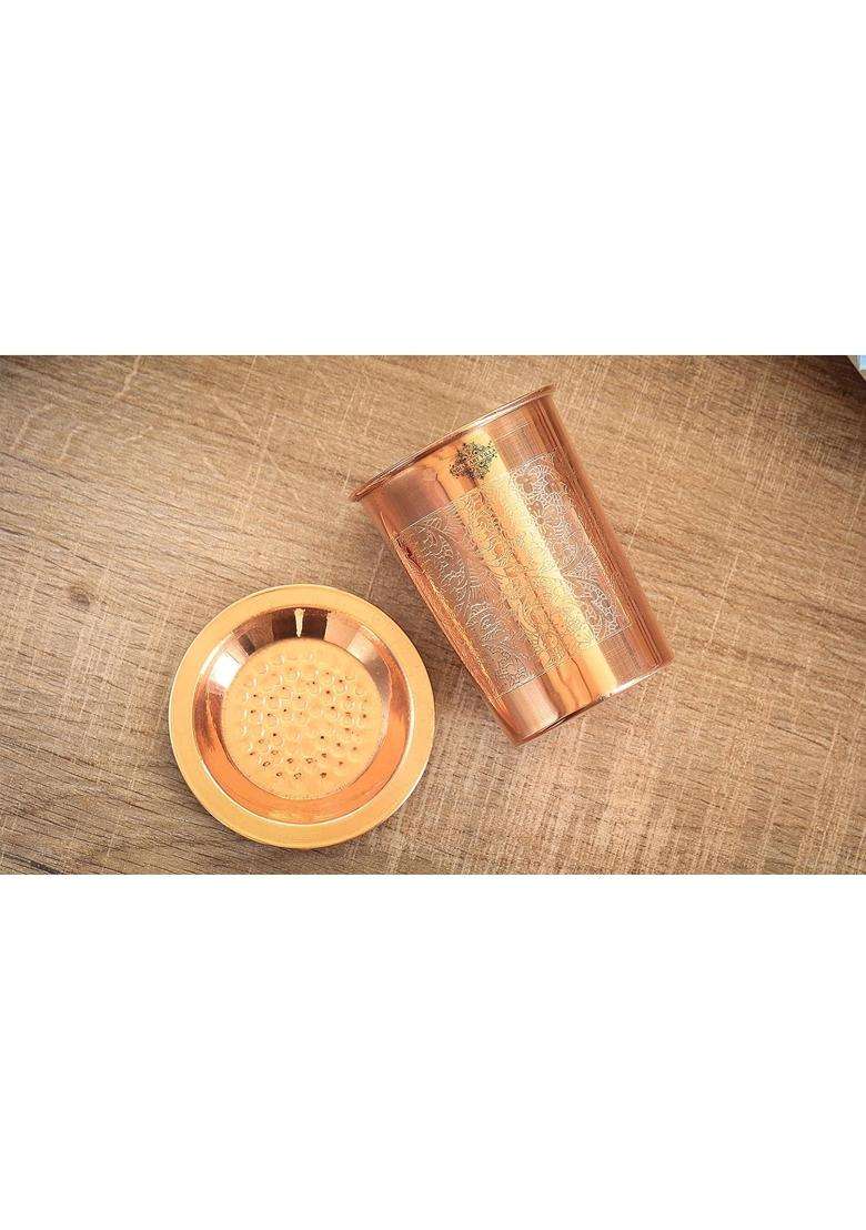 INDIAN ART VILLA Pure Copper Full Embossed Design Glass Tumbler Cup with Lid | 300 ml | 10.1 fl oz - Indya