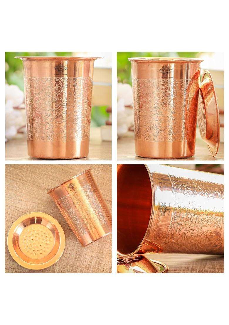 INDIAN ART VILLA Pure Copper Full Embossed Design Glass Tumbler Cup with Lid | 300 ml | 10.1 fl oz - Indya