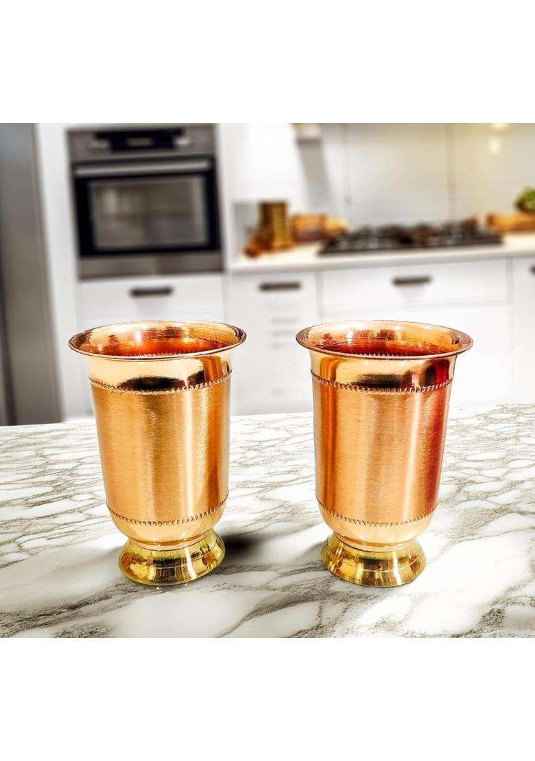 MORADABAD BRASS VILLA Copper Glass with Brass Bottom for Serving Ayurvedic Copper Benifits Fancy | 2-Piece Set - Indya