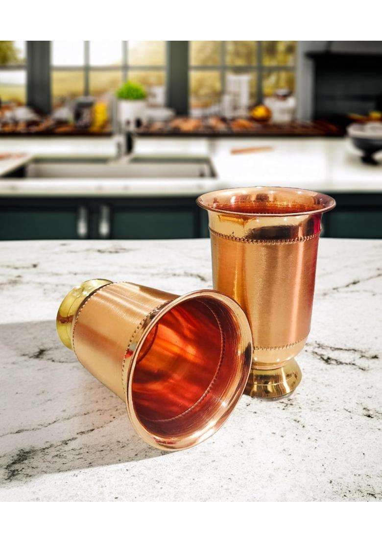 MORADABAD BRASS VILLA Copper Glass with Brass Bottom for Serving Ayurvedic Copper Benifits Fancy | 2-Piece Set - Indya