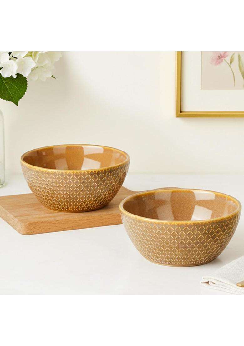 The Earth Store Caramel Embossed Ceramic Bowl | 500 ml | 16.9 fl oz | 2-Piece Set | Microwave Safe - Indya