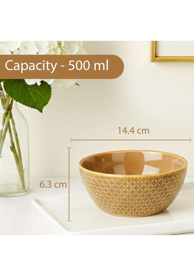 The Earth Store Caramel Embossed Ceramic Bowl | 500 ml | 16.9 fl oz | 2-Piece Set | Microwave Safe - Indya