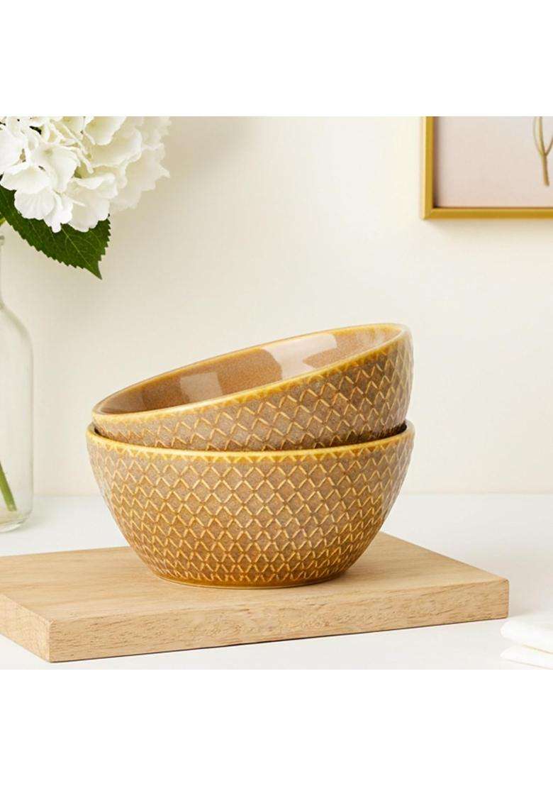 The Earth Store Caramel Embossed Ceramic Bowl | 500 ml | 16.9 fl oz | 2-Piece Set | Microwave Safe - Indya