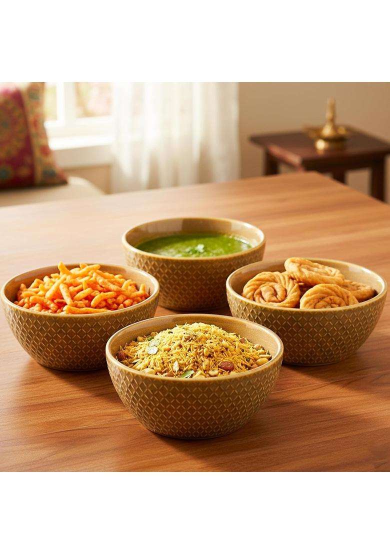 The Earth Store Caramel Embossed Ceramic Bowl | 500 ml | 16.9 fl oz | 2-Piece Set | Microwave Safe - Indya