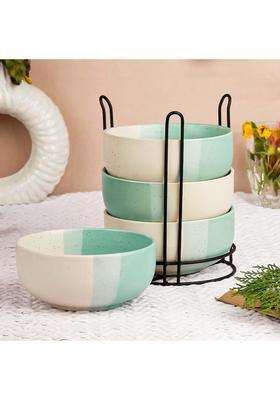 The Earth Store Tritone Green Ceramic Bowl Set with Black Metal Stand | 500 ml | 16.9 fl oz | Microwave Safe