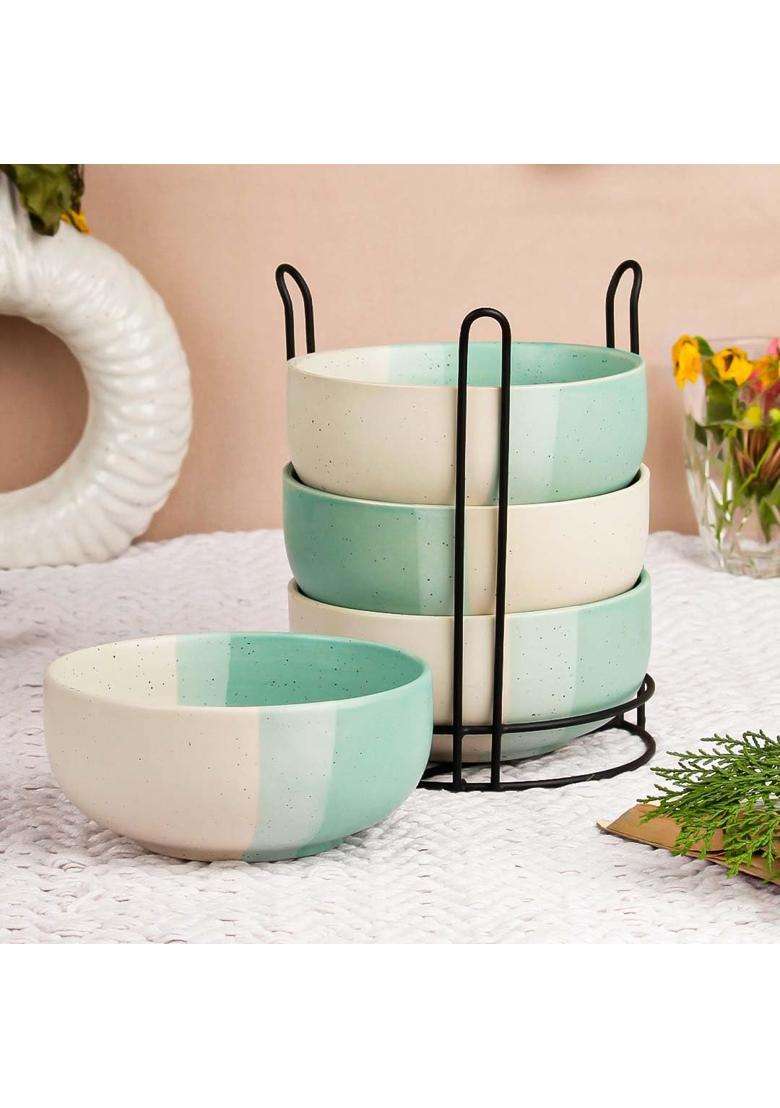 The Earth Store Tritone Green Ceramic Bowl Set with Black Metal Stand | 500 ml | 16.9 fl oz | Microwave Safe - Indya