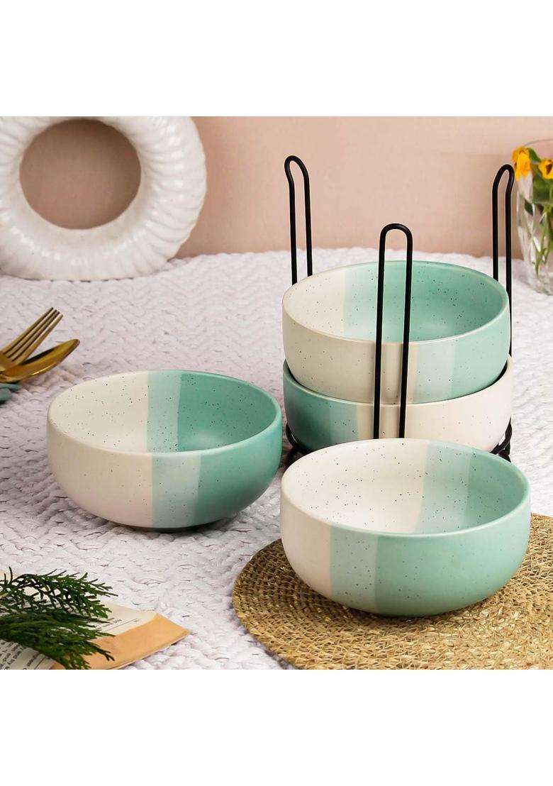 The Earth Store Tritone Green Ceramic Bowl Set with Black Metal Stand | 500 ml | 16.9 fl oz | Microwave Safe - Indya