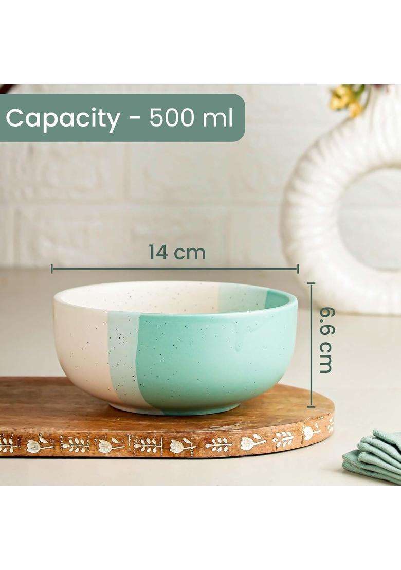 The Earth Store Tritone Green Ceramic Bowl Set with Black Metal Stand | 500 ml | 16.9 fl oz | Microwave Safe - Indya
