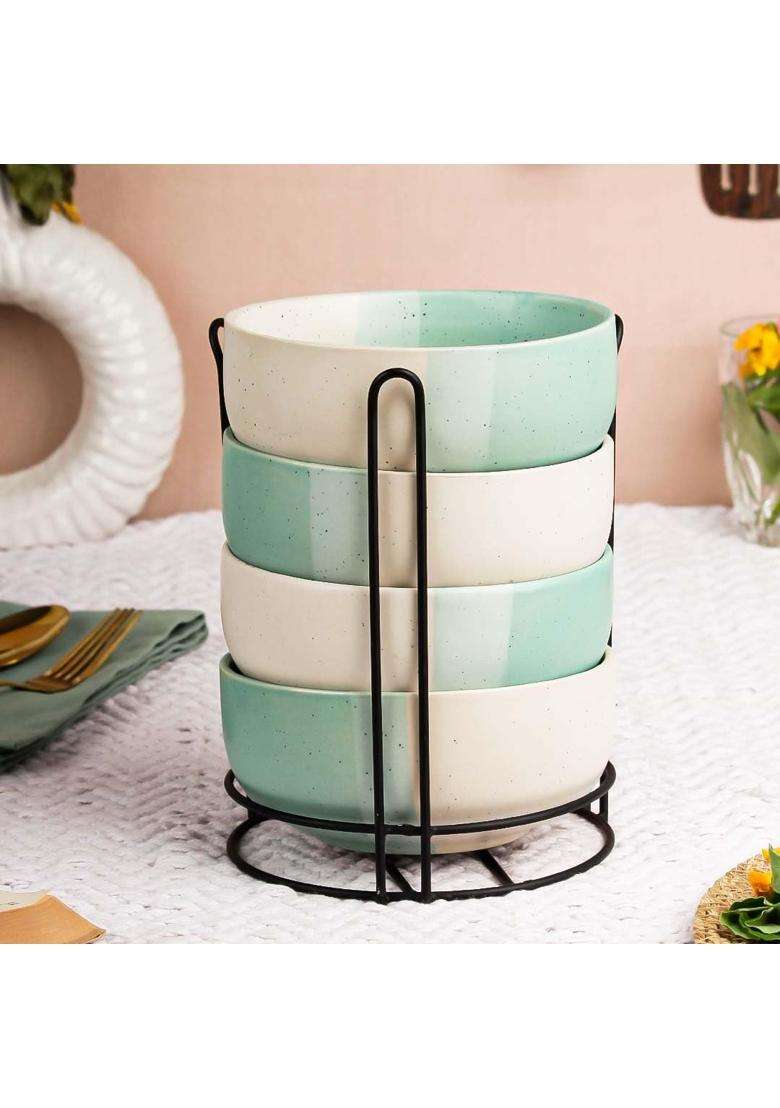 The Earth Store Tritone Green Ceramic Bowl Set with Black Metal Stand | 500 ml | 16.9 fl oz | Microwave Safe - Indya