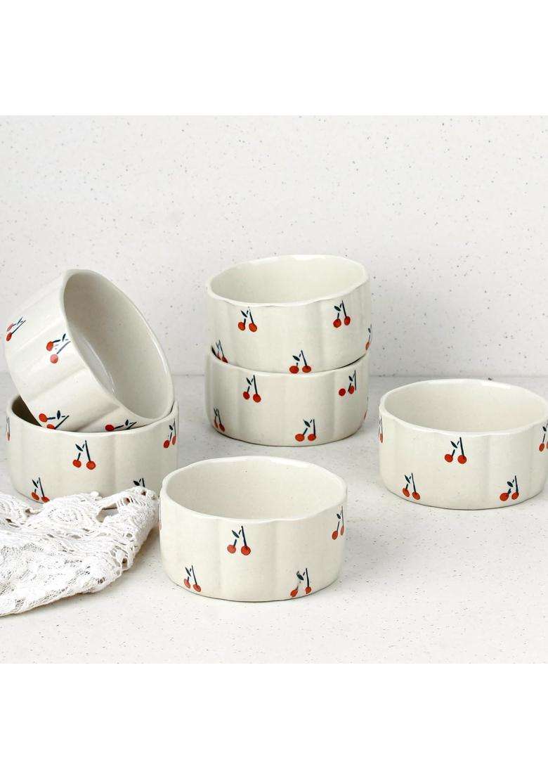 The Earth Store Cream Cherry Ceramic Bowl | 250 ml | 8.5 fl oz | 6-Piece Set | Dishwasher Safe | Microwave Safe - Indya