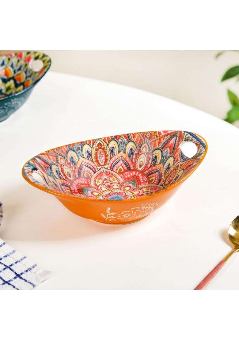 Nestasia Mandala Ceramic Serving Bowl with Handles | 400 ml | 13.5 fl oz | Dishwasher Safe | Microwave Safe - Indya