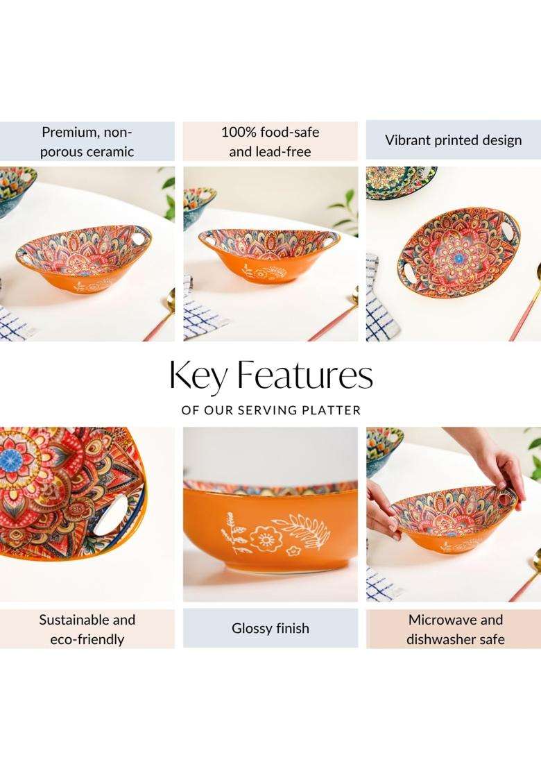 Nestasia Mandala Ceramic Serving Bowl with Handles | 400 ml | 13.5 fl oz | Dishwasher Safe | Microwave Safe - Indya